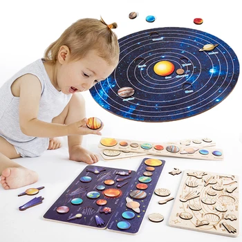 Детские Деревянные пазлы с космической планетой, игрушки Монтессори, игра-головоломка с планетой, Лоток для пазлов, Вселенная, Солнечная Система, Научная Обучающая игрушка