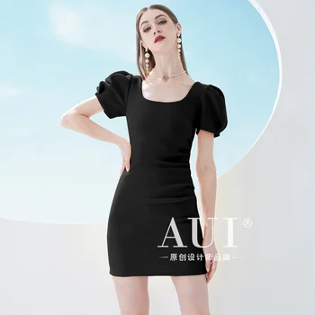 Черное облегающее облегающее платье для женщин 2023, летнее Новое сексуальное платье с квадратным вырезом и рукавами-пузырями