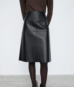 Женская черная юбка трапециевидной формы из овечьей кожи с высокой талией, со швами, модные высококачественные юбки ДЛИНОЙ до колена