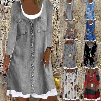Женская мода 2022 года, Новая осенняя свободная джинсовая ткань с цифровым принтом, винтажное уличное хипстерское платье с длинным рукавом