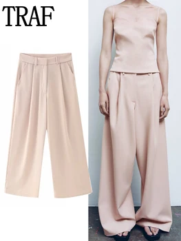 TRAF Розовые широкие брюки, женские мешковатые брюки со средней талией, уличная одежда, повседневные брюки, Женская мода, Женский брючный костюм Весна 2023