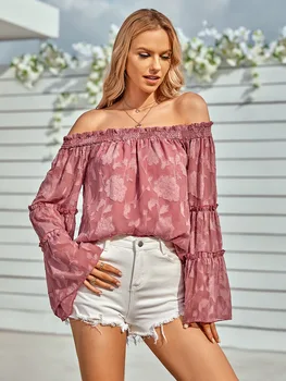 Летняя женская рубашка с открытыми плечами, кружевной топ с длинными расклешенными рукавами, повседневный милый Сексуальный Повседневный дышащий Свободный размер XL