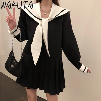 ВАКУТА, Япония, 2023, винтажное школьное плиссированное платье с моряцким вырезом, осень 2023, милые черно-белые элегантные модные мини-платья в опрятном стиле.