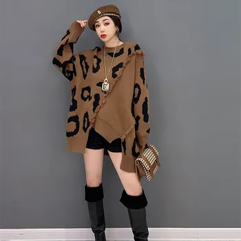 Женский леопардовый джемпер в стиле пэчворк, уличный свитер неправильной формы с круглым вырезом, повседневные свободные вязаные топы
