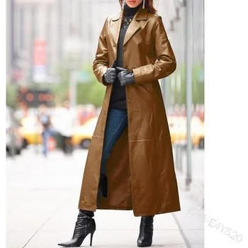 2023 Осенне-Зимняя Женская одежда, Кожаное пальто на пуговицах, пальто с длинным кроем, Приталенное Ветровое пальто из Искусственной кожи для похудения