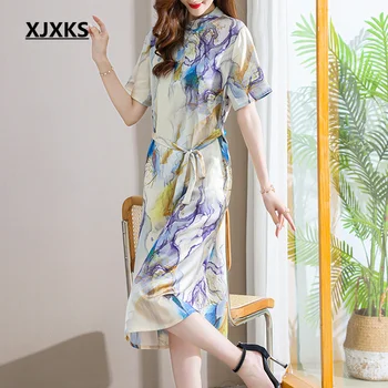 XJXKS Модное Китайское женское платье со стоячим воротником 2023, Новые Летние Свободные удобные шелковые прохладные длинные платья