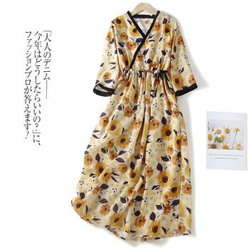 Limiguyue/ Летнее платье с цветочным принтом, хлопковое льняное платье в китайском стиле с V-образным вырезом, винтажные платья с завязками и высокой талией, U453