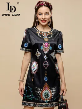 LD LINDA DELLA, Летнее модное дизайнерское мини-платье, женское платье с круглым вырезом и коротким рукавом, расшитое бисером, Свободное черное короткое платье