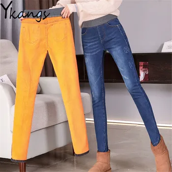 Большие размеры, плюс флисовые теплые зимние женские джинсы-карандаш, эластичная лента, узкие джинсовые брюки с высокой талией, классические стеганые обтягивающие брюки