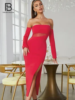 Платья для женщин 2023 Красная сетка Сращивание Без Бретелек С длинным рукавом С высоким разрезом Коктейльная вечеринка Облегающее Летнее платье Vestido