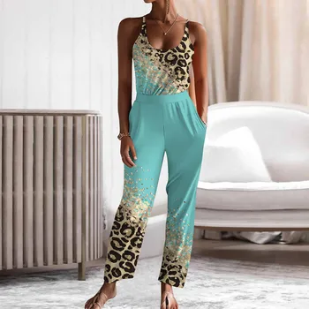 Женские комплекты с леопардовым принтом, Жилет без рукавов, топ и длинные брюки, Повседневная модная летняя эластичная одежда, женские костюмы