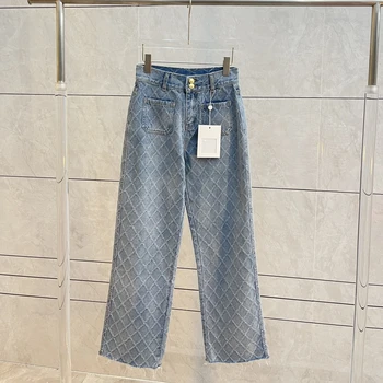 2023 Весенне-летние женские джинсы Жаккардового ромбовидного дизайна, прямые джинсы с высокой талией для женщин