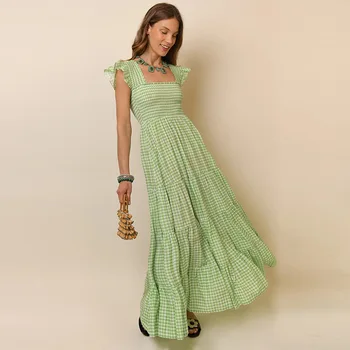 2023 Летнее Новое Ретро-Длинное платье Трапециевидной формы с квадратным вырезом и летящими рукавами в зеленую клетку из хлопка в зеленую клетку Для женщин