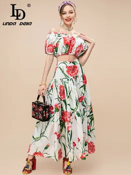Дизайнерские комплекты юбок с цветочным рисунком для летних каникул LD LINDA DELLA, женский сексуальный короткий топ и модные хлопковые юбки миди, костюмы
