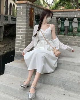 GP2897 Лето 2023, Новый Корейский легкий Универсальный кардиган + платье с однотонным ремешком на талии