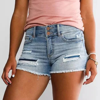 Лето 2023, Новые эластичные рваные джинсовые шорты для женщин, модные сексуальные шорты с высокой талией и кисточками, джинсы