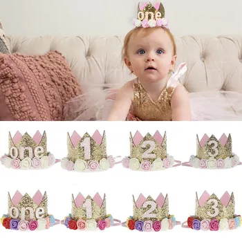 Шляпа для вечеринки по случаю дня рождения ребенка, повязка на голову с короной принцессы, украшения на День рождения на 1 год, принадлежности для вечеринки по случаю дня рождения в душе ребенка, 1-й, 2-й, 3-й День рождения