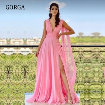 Вечерние платья GORGA для официальных мероприятий, Элегантная вечеринка для женщин, выпускной бал, длина до пола, V-образный вырез, Трапециевидная складка, драпировка розового цвета