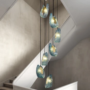 Лампа для коридора виллы, квартиры, Современная минималистичная Двухуровневая Лестничная Люстра, Длинная Люстра из синего стекла