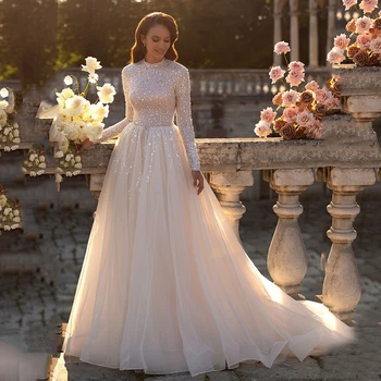 Роскошное Высококачественное свадебное платье с высоким воротником и длинными рукавами, свадебные платья трапециевидной формы, расшитое бисером Платье невесты в стиле Кантри, Vestido de Novia
