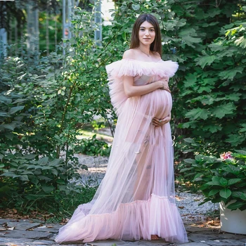 Тюлевое платье Off Shuolder для беременных, вечерние прозрачные платья А-силуэта, сшитые на заказ для беременных, Розовые халаты с открытой передней частью