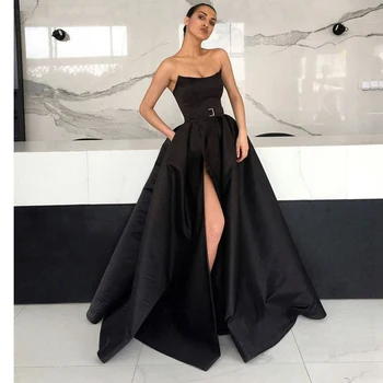 Сексуальные черные атласные длинные платья для выпускного вечера 2020 с высоким разрезом и карманами, элегантное бордовое арабское женское вечернее платье для вечеринок, вечерние платья
