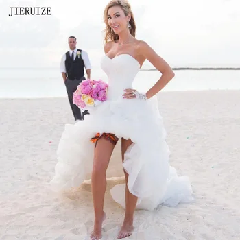 Пляжные свадебные платья из органзы Hi Low со шнуровкой в виде сердечка спереди, короткие свадебные платья в стиле бохо с длинной спинкой