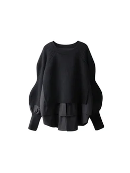 2023 Осенне-зимние женские блузки с круглым вырезом в стиле пэчворк, Трикотаж с нерегулярной обрезкой, Длинный рукав, плиссированный дизайн, Вязаный пуловер Swe