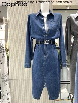 Модный корейский пояс в стиле ретро, для похудения, с разрезом на пуговицах, джинсовая ткань с длинным рукавом для женщин 2023, новое платье средней длины ранней осени