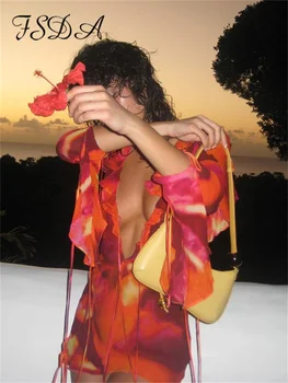 Женские сексуальные короткие платья с глубоким вырезом и расклешенными рукавами с принтом FSDA, мини-платье Y2K с рюшами на завязках, клубная вечеринка, пляжная одежда, праздник