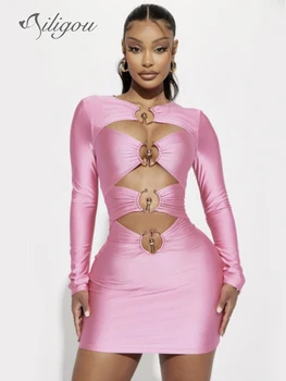 Ailigou 2023 Новое женское однотонное мини-облегающее бандажное платье с длинным рукавом и полой металлической петлей, дизайнерское вечернее клубное платье Vestidos