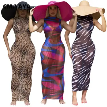 Сетчатое прозрачное женское платье миди-макси с леопардовым принтом YAYA, летние пляжные платья-футляры без рукавов, длинные платья-карандаш