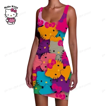 Официальное платье для летней вечеринки 2023 с принтом Hello Kitty, Эластичное, простое, Эластичное, обтягивающее, сексуальное, горячее Женское платье на подтяжках.