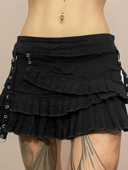 Черная плиссированная юбка в стиле пэчворк, Многослойная плиссированная джинсовая юбка трапециевидной формы Egirl Summer Y2K, повседневная уличная одежда, женские плавки