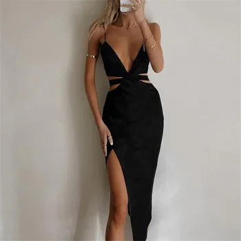 OMSJ Летнее платье на бретельках с глубоким Vобразным вырезом и разрезом по бокам Платья с разрезом по бокам Для женщин Sexy Party Vestidos Black 2021