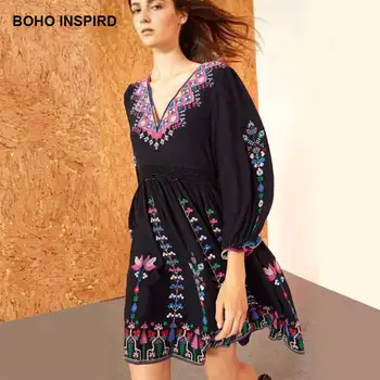 Мини-платье в стиле бохо с цветочной фольклорной вышивкой, летнее платье с рукавами 3/4, вязаное крючком платье с V-образным вырезом, женское vestidos