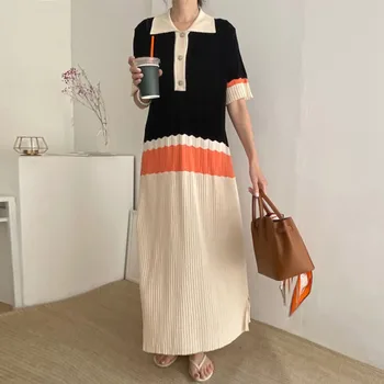 Женское элегантное вязаное платье в полоску с вырезом поло и коротким рукавом, плиссированные эластичные летние платья Миди Vestido QC284