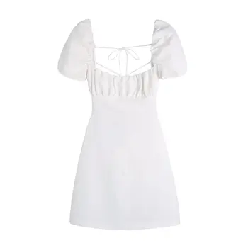 Бандажное платье, женское модное летнее платье с короткими пышными рукавами, перекрещивающиеся бретельки, мини-платья с квадратным воротником на молнии сбоку
