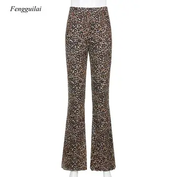 Модные расклешенные брюки с леопардовым узором E-Girl, Винтажные тонкие длинные брюки с животным принтом и высокой талией, дикие осенние наряды 90-х годов