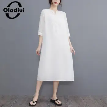 Женское белое платье с вышивкой Oladivi Fashion 2023, летние новые платья миди с коротким рукавом, женская одежда Оверсайз Robe Femme 752
