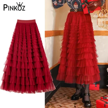 Pinkoz женская винтажная длинная юбка из красной сетки, каскадные многослойные миди-юбки для женщин, весна-осень, высокая талия, шикарный femme faldas y2k