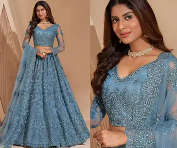 Вечерние платья Lehenga Choli для выпускного вечера с основой бледно-небесно-голубого цвета, вышитое вечернее платье с длинным рукавом lengha Indian Princess 2023