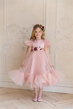Розовое платье в цветочек для девочек, детское платье принцессы, без рукавов с оборками, имитация талии, длина чая, Трапециевидный Свадебный тюль, танцевальный пляж