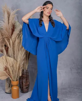 Элегантные длинные вечерние платья из крепа королевского синего цвета в русалку с плиссированным разрезом сбоку Vestidos de noite для выпускного вечера для женщин