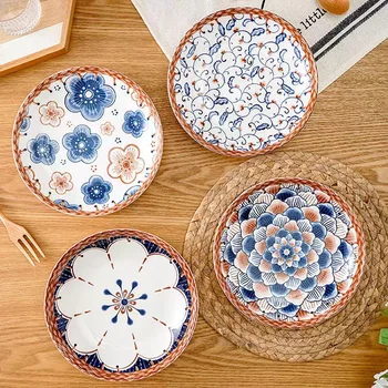 Подглазурная домашняя керамическая тарелка в японском стиле в стиле ретро, высококачественная комбинация посуды, креативная тарелка для ужина, обеденные тарелки