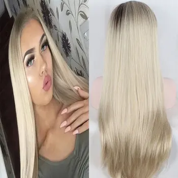 Синтетический парик с кружевами спереди, бесклеевое омбре с темными корнями, Платиновый блонд, прямое термостойкое волокно, натуральная линия роста волос для женщин
