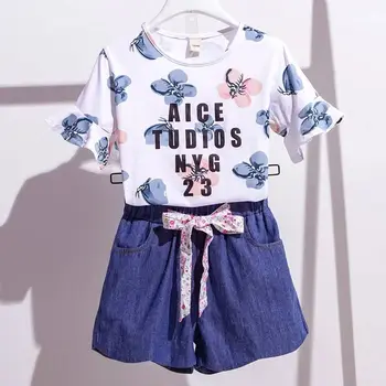 Новые комплекты одежды для девочек, летняя рубашка с цветочным рисунком + джинсовые короткие штаны, комплект из 2 предметов для подростков, детская одежда 2 3 4 5 6 7 8 9 10 11 Мода 12 лет