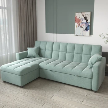 Льняной диван-кровать L-образной формы с функцией хранения и сна, 3-местный Современный диван для гостиной, мебель для гостиной, простая сборка, Зеленый