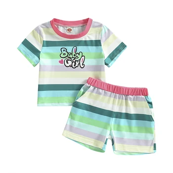 FOCUSNORM/ Летние Комплекты одежды для маленьких девочек от 1 до 6 лет, футболка с коротким рукавом в красочную полоску с буквенным принтом + повседневные короткие брюки