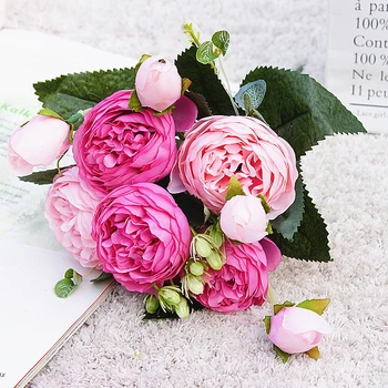 5 Пионов с большими головками/Букет, Красивые пионы, искусственные цветы, Кремовый шелк, Искусственная роза для домашнего свадебного обеденного стола